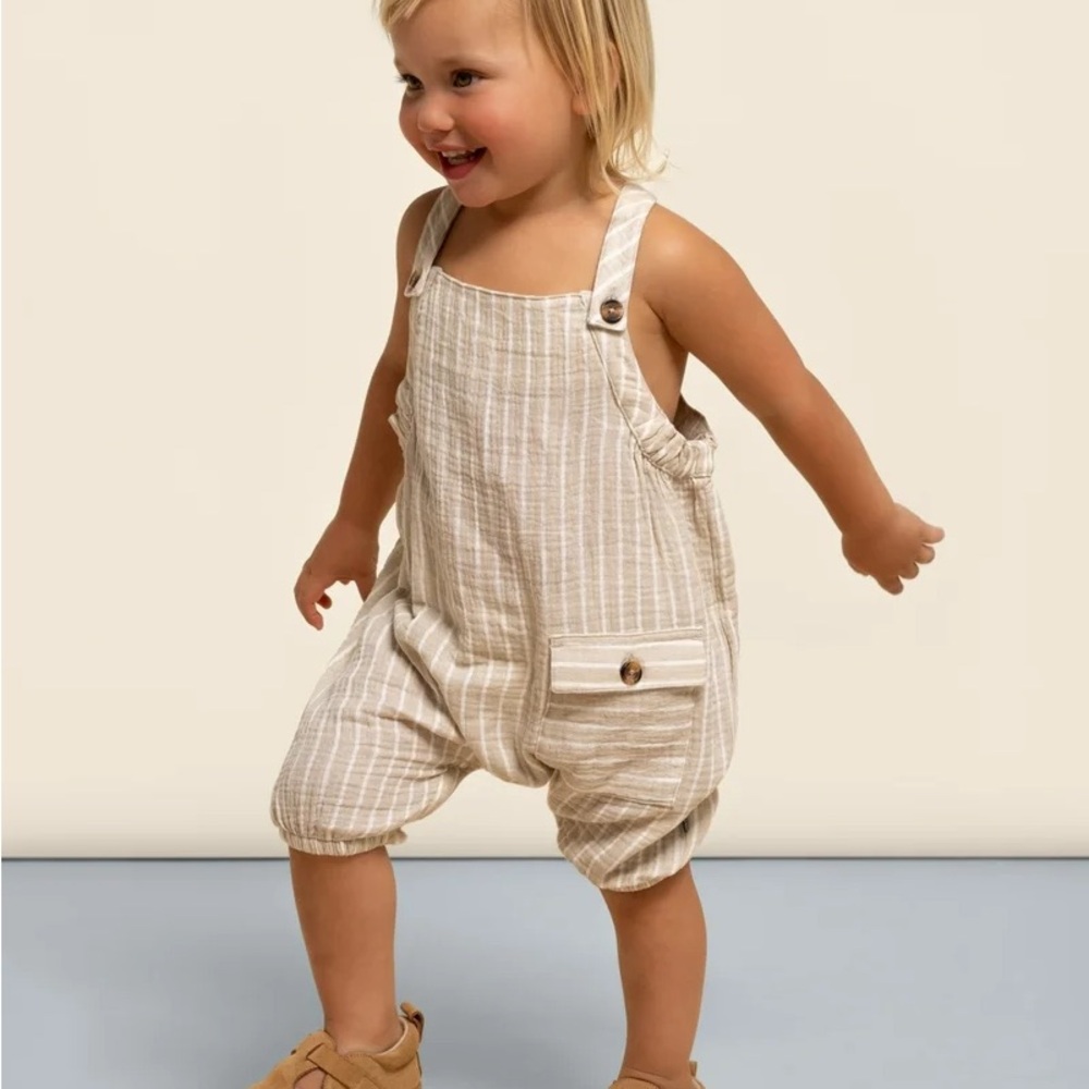 Modern Moments Gauze Striped Beige Kids Overalls